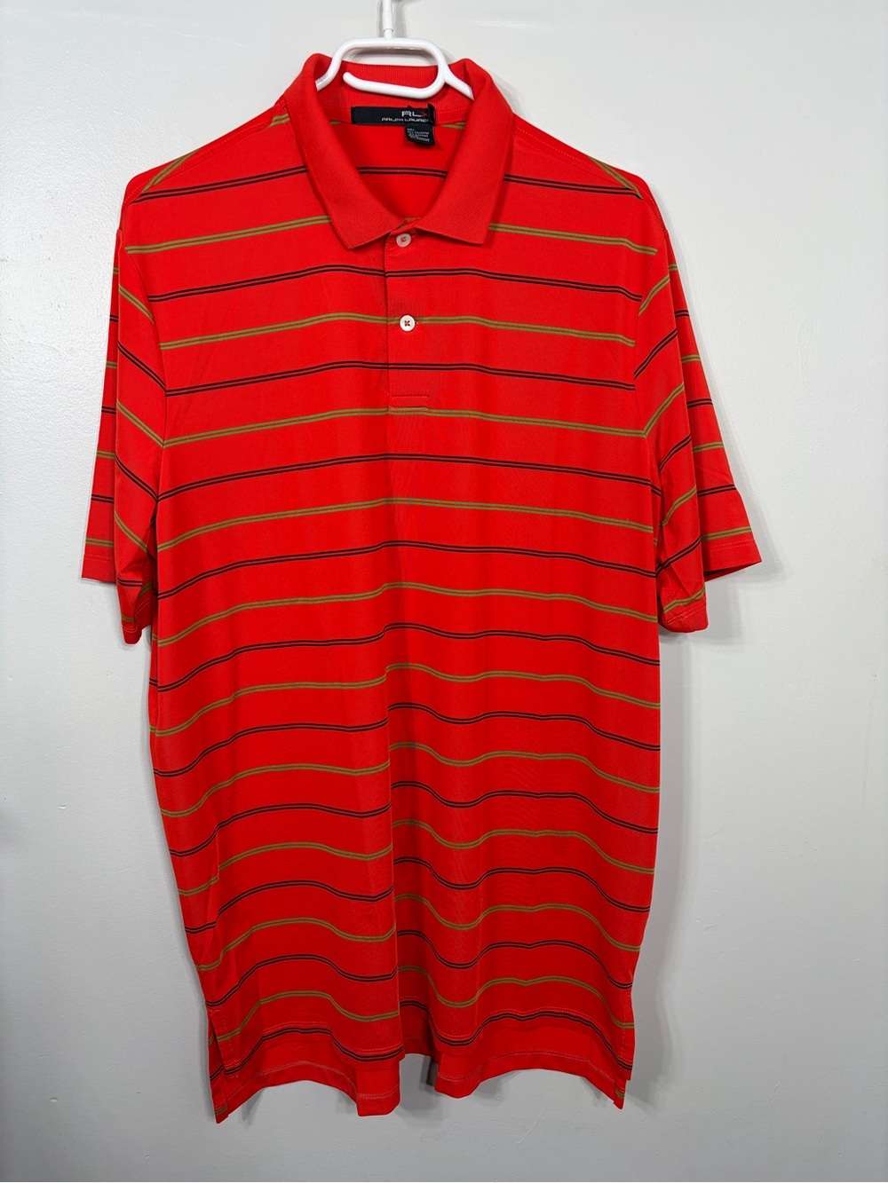 RLX Ralph Lauren Mens Large Red Striped Golf Polo Shirt Short Sleeve Performance